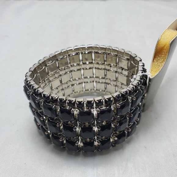 Hillard & Hanson Retro Black Diamante silver tone Stretch Bracelet. - Picture 4 of 5